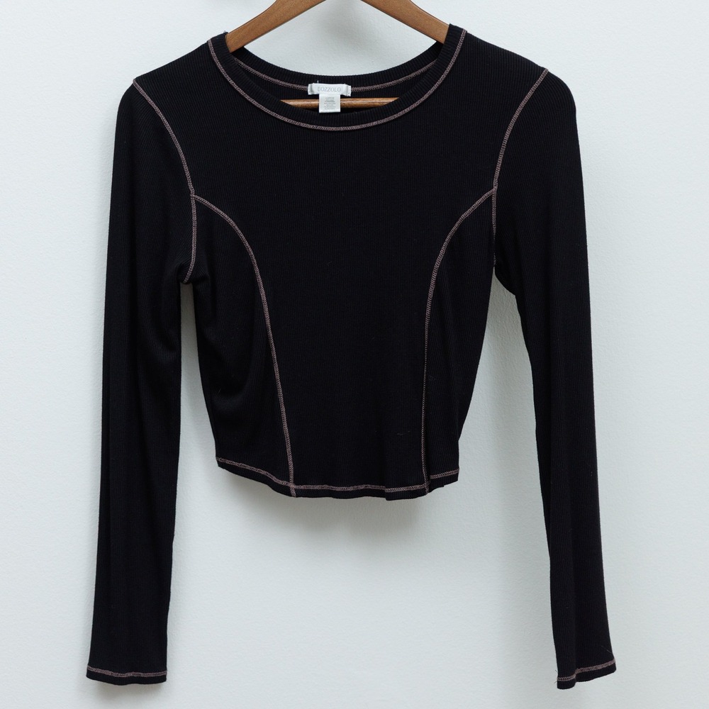 Bozzolo Black Ribbed Long Sleeve Crop Top Contrast Stitching Large HT11692